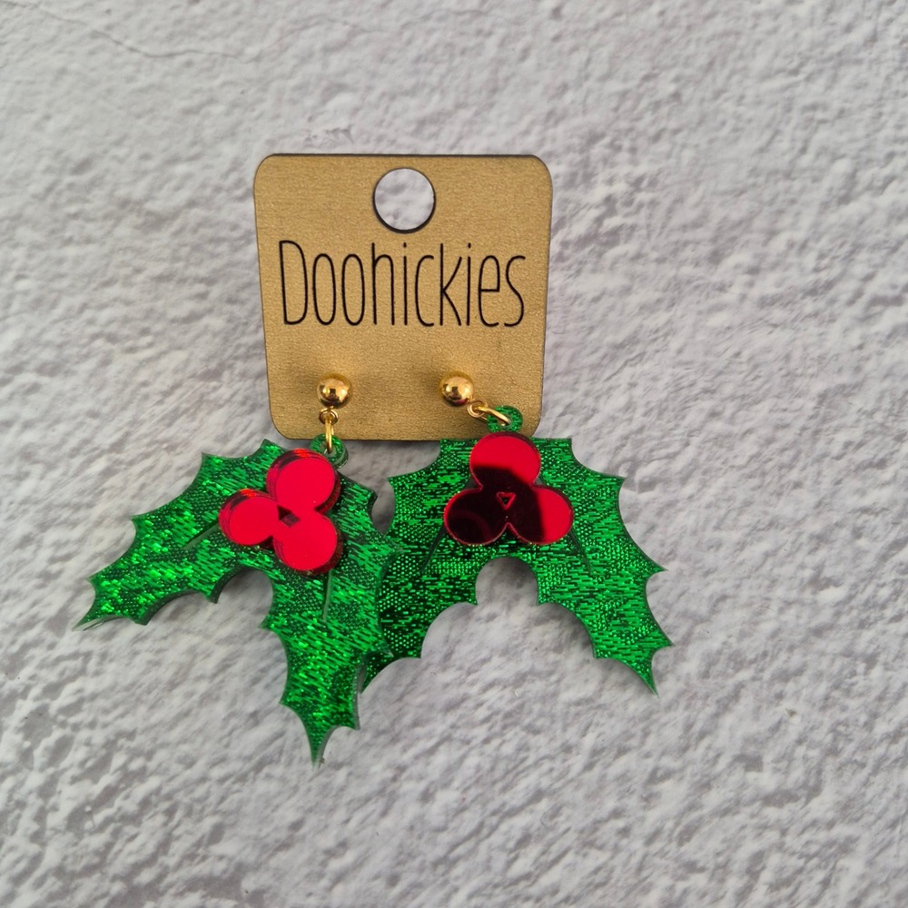 Doohickies Christmas Holly Leaf Green Glitter Red Berry Acrylic Drop Earrings